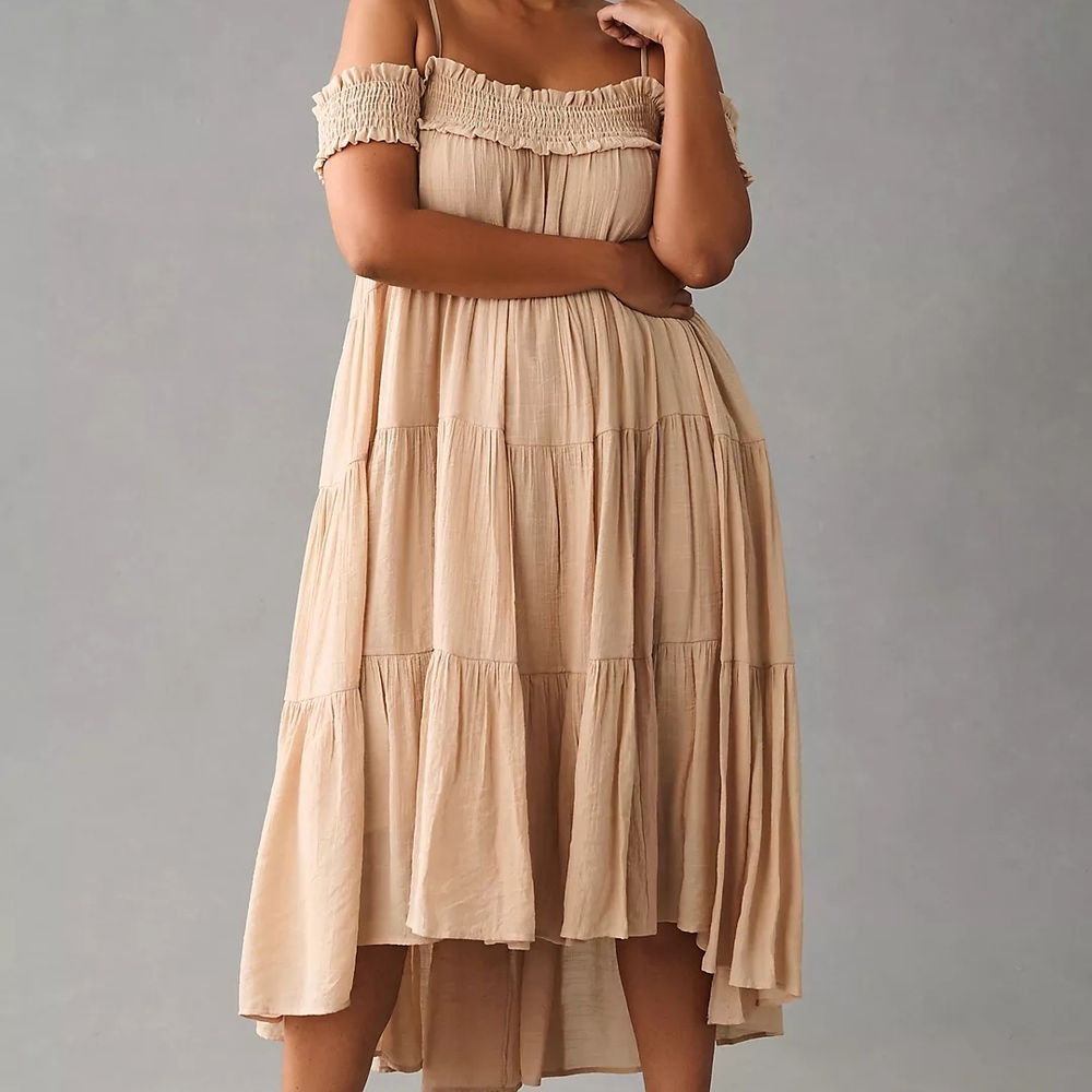 Antropology Sarah Hann Smocked Off-The-Shoulder‎ Tiered Dress